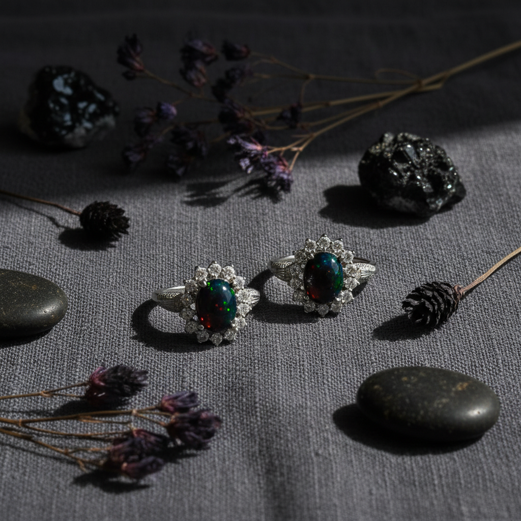 Anello opale nero composizione dark