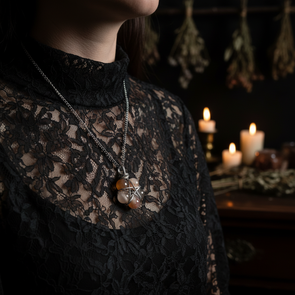 Collana Pentacolo Agata Sakura - stile wicca indossata
