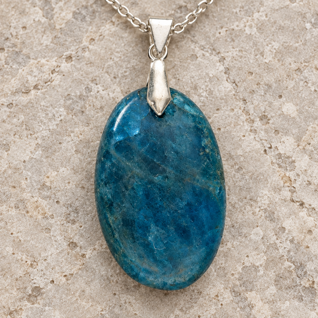 Dettaglio del ciondolo cabochon in apatite