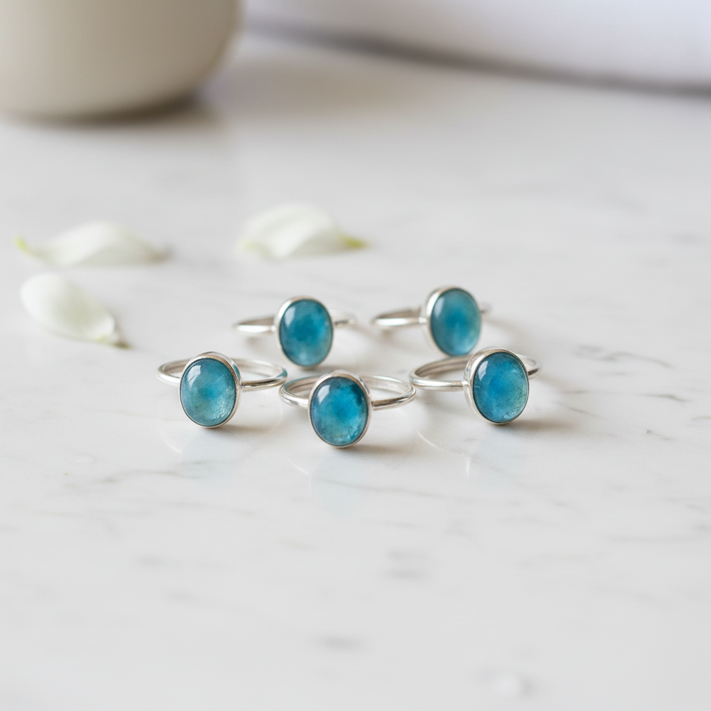 Anello apatite su marmo bianco