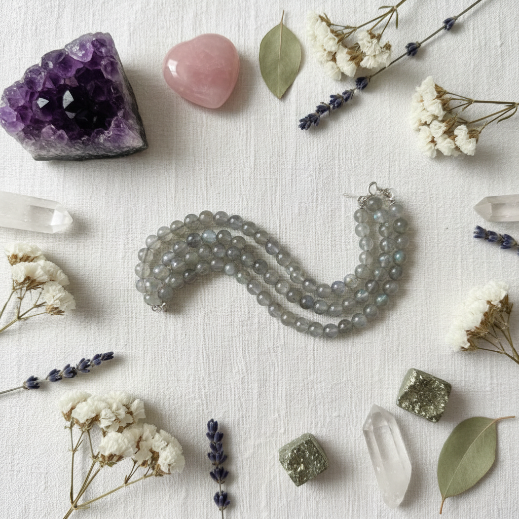 Bracciale Labradorite flat lay con cristalli