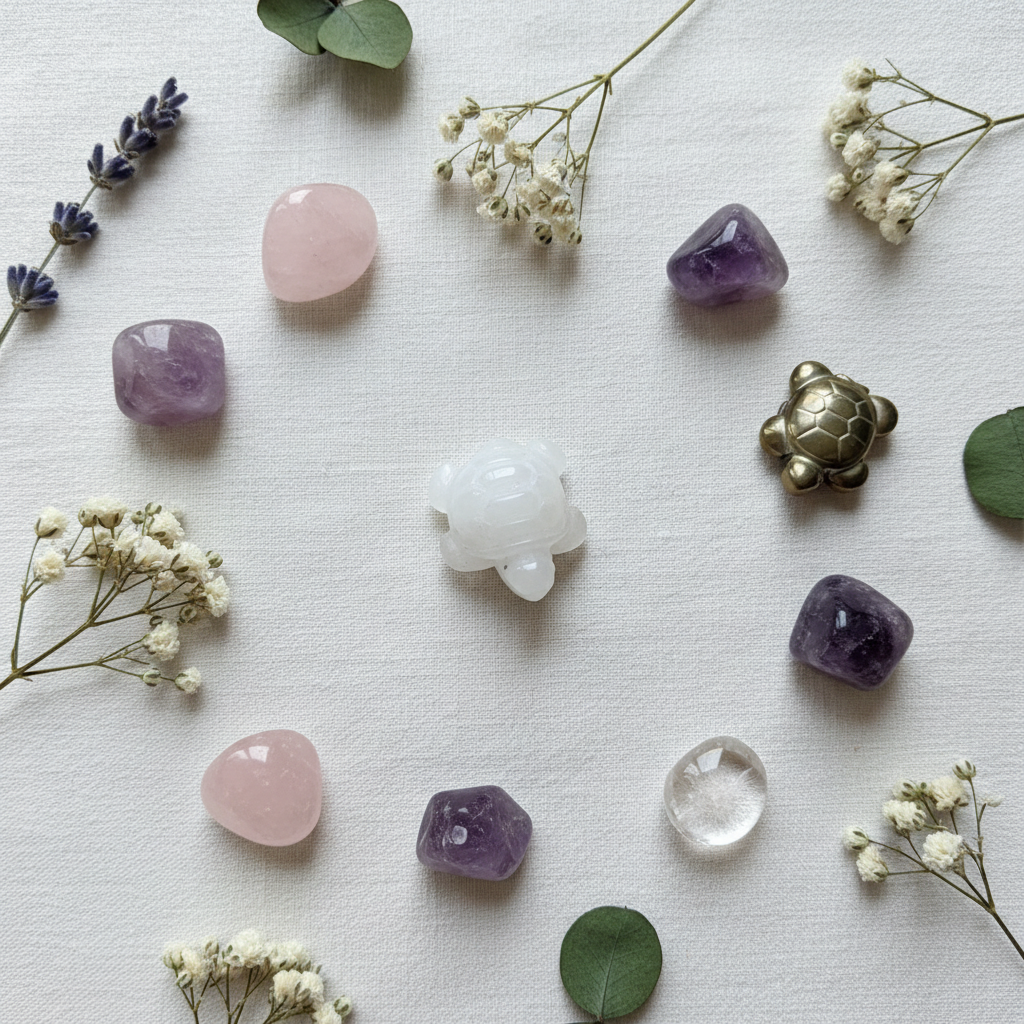 Mini Tartaruga in Pietra Naturale flat lay con cristalli