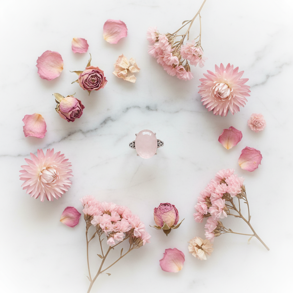 Anello quarzo rosa - flat lay romantico