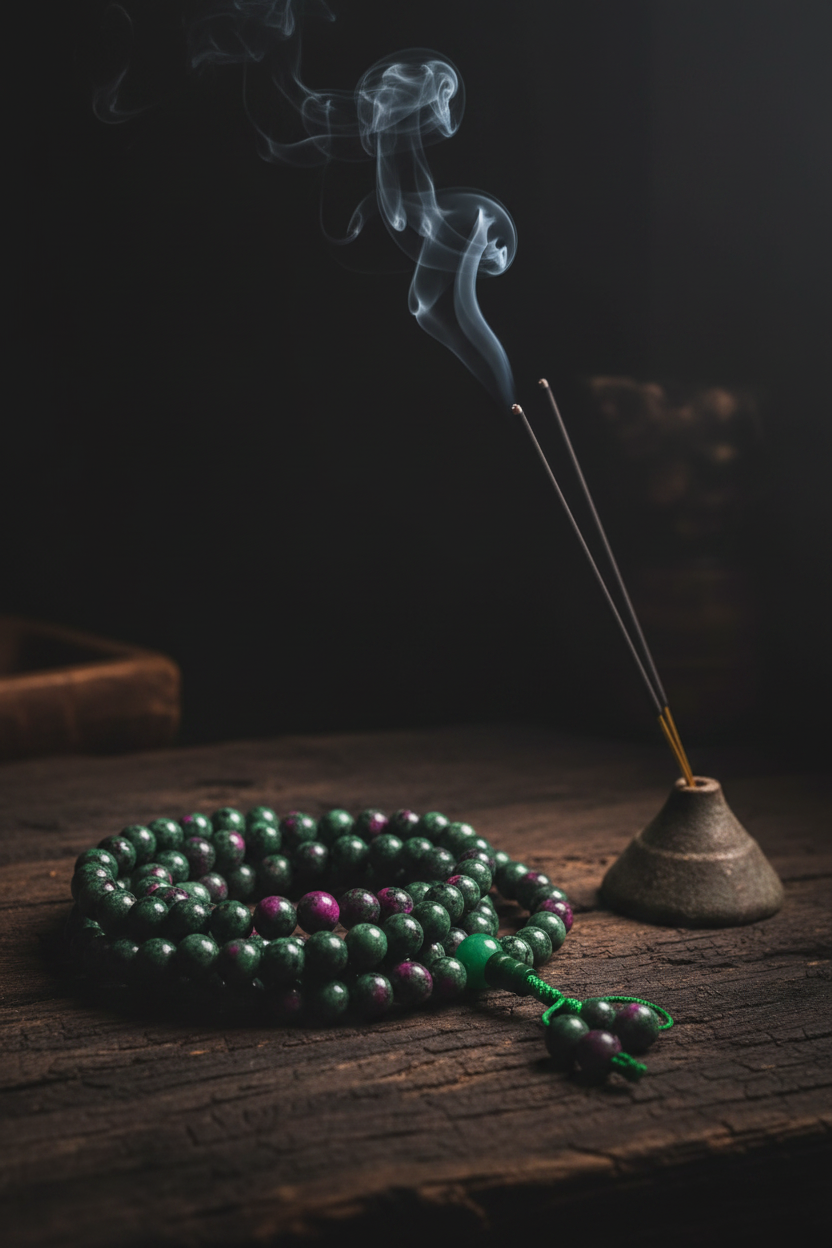 Japamala ruby zoisite - con incenso e fumo