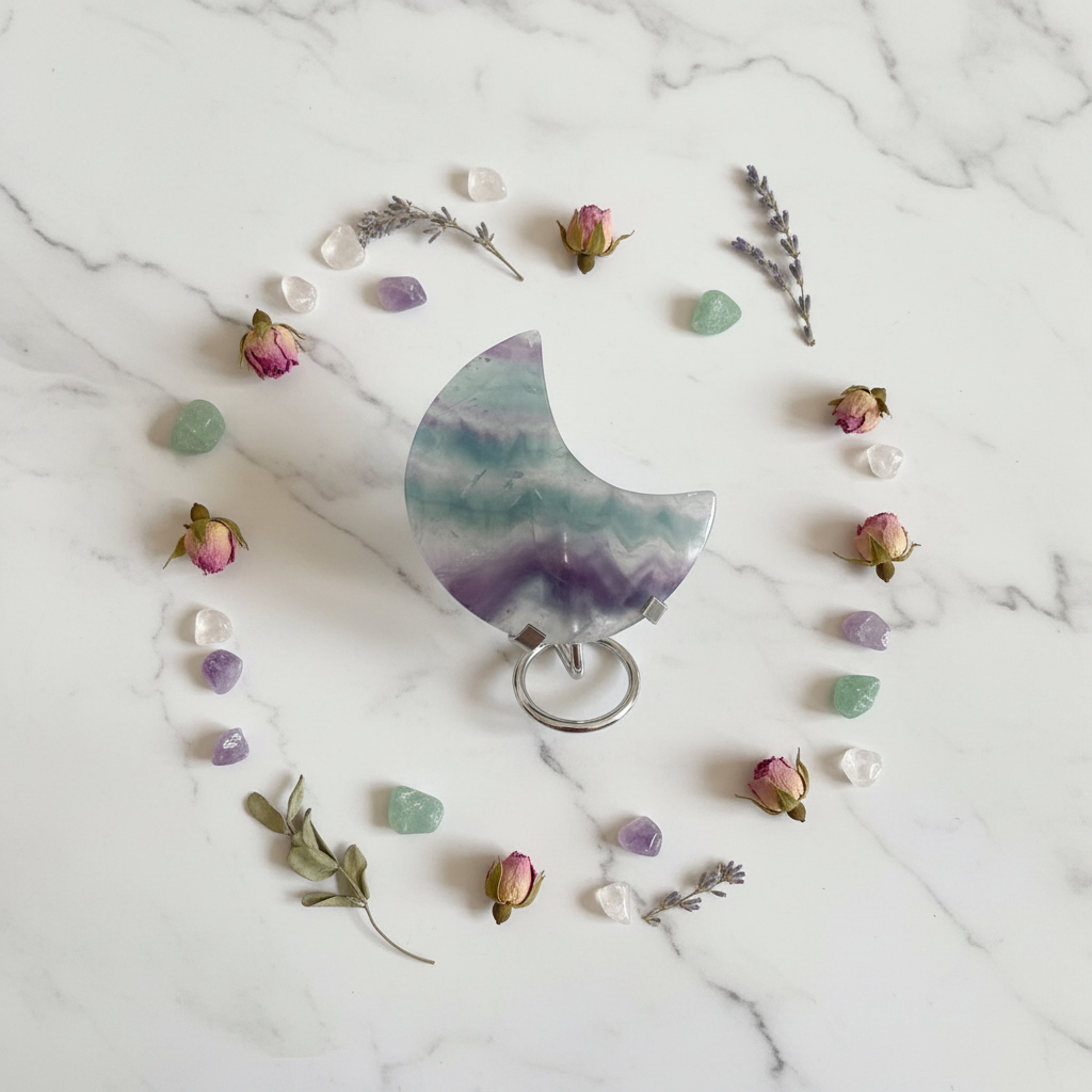 Luna in Fluorite Rainbow - flatlay su marmo
