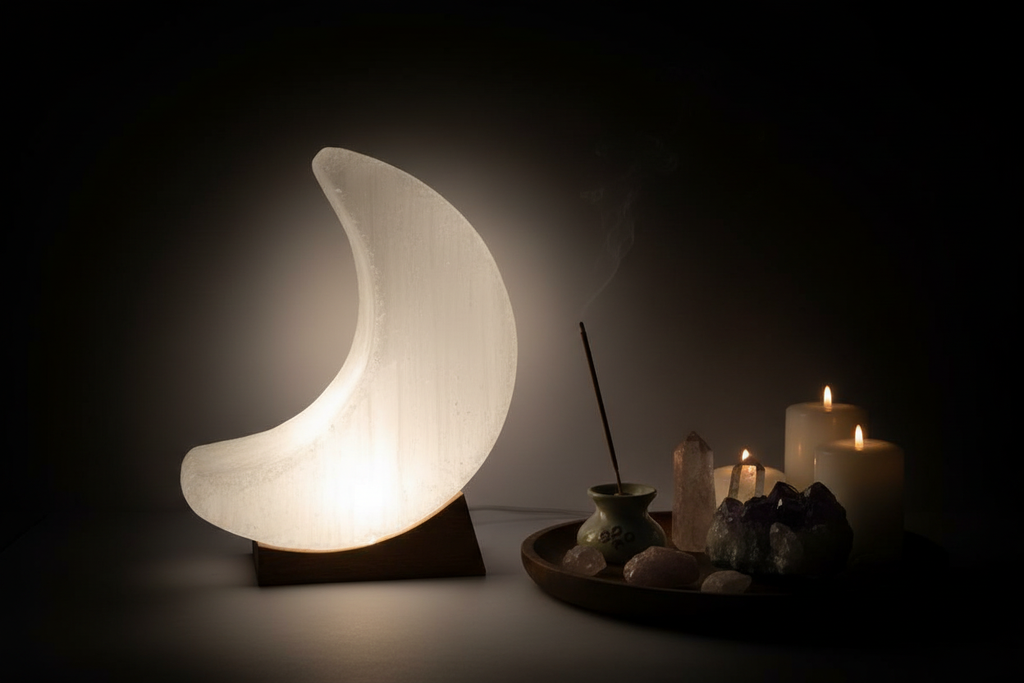 Lampada luna selenite in angolo meditazione