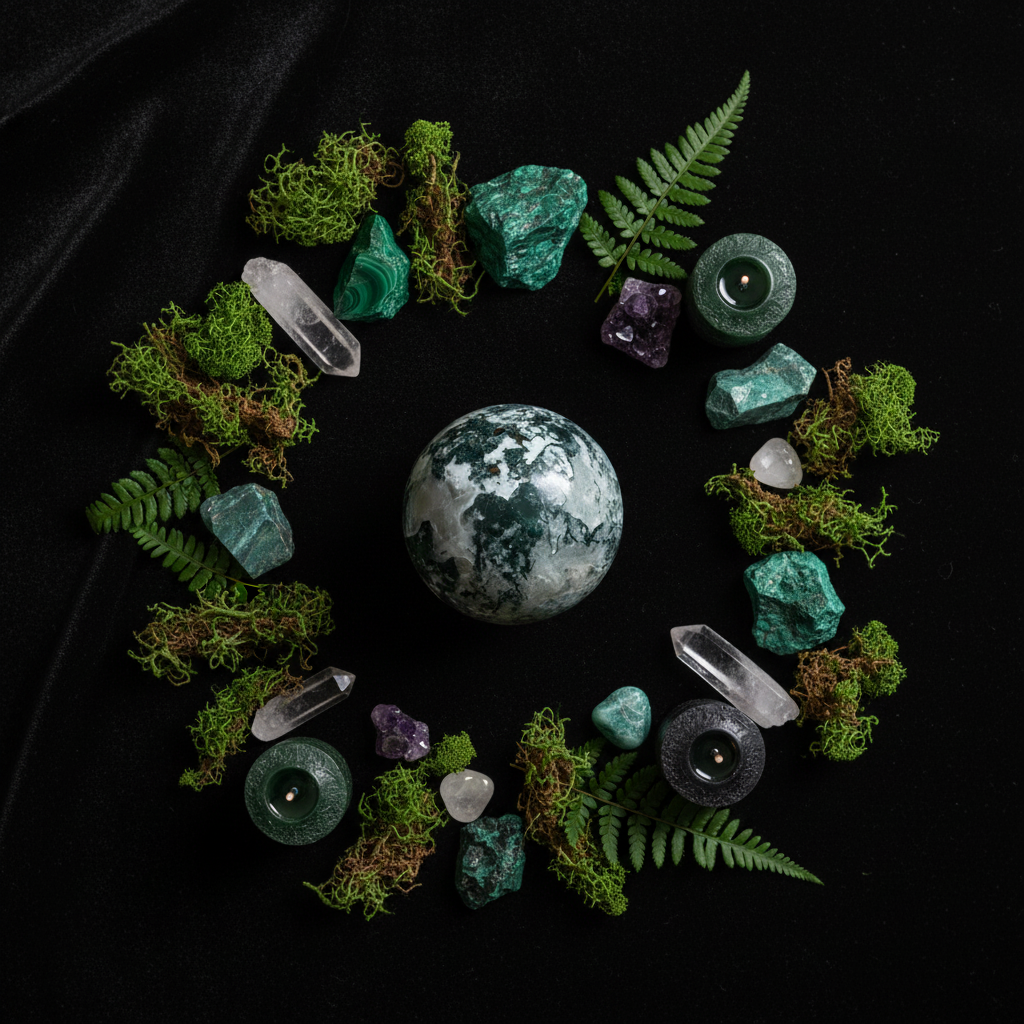Sfera Agata Muschiata flat lay esoterico