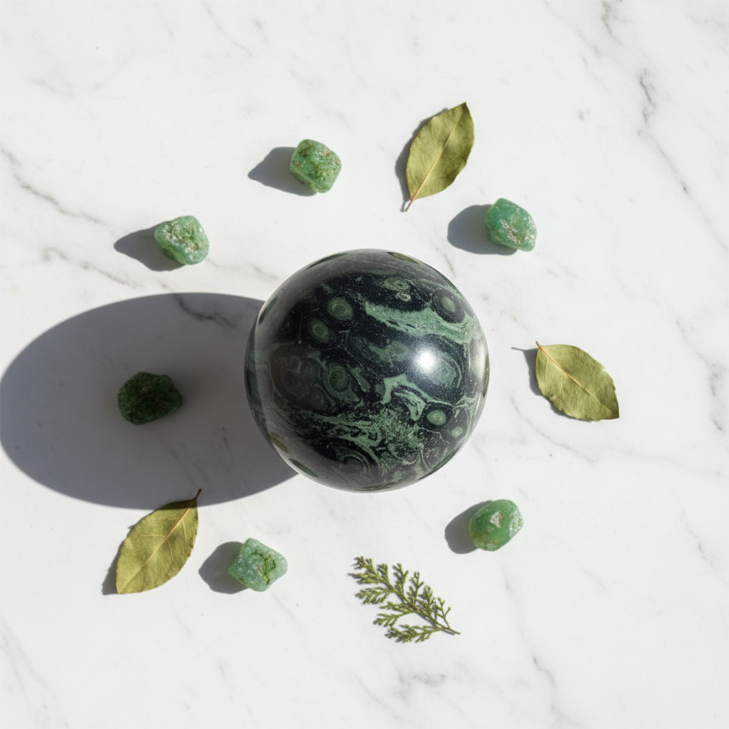 Sfera Kambaba flat lay marmo con agata muschio