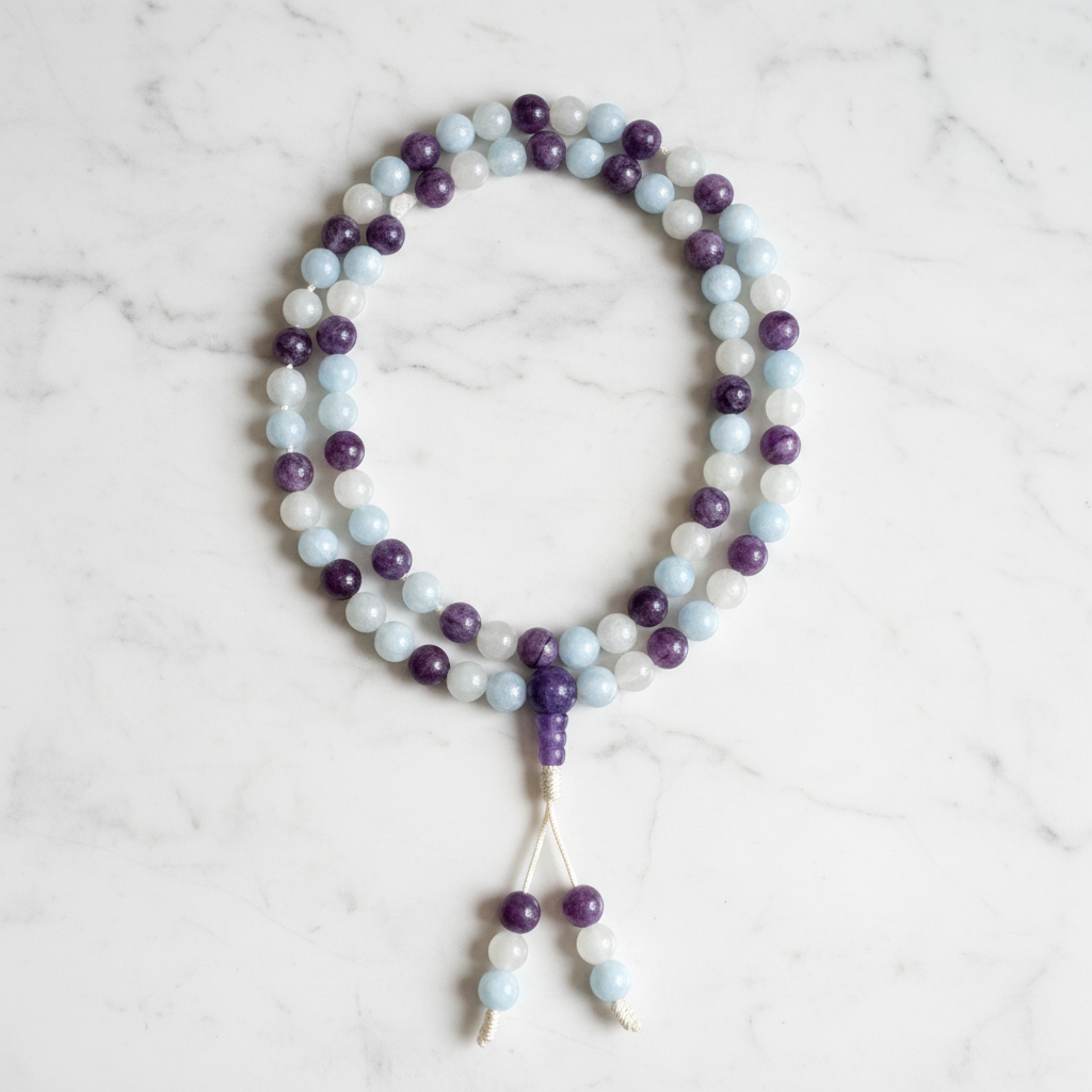 Mala lepidolite acquamarina agata flatlay su marmo