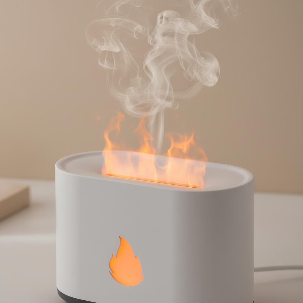 Diffusore aromi fiamma LED - close-up nebbia e luce