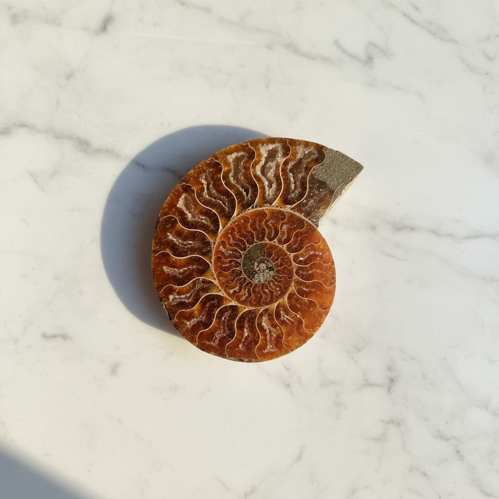 Ammonite fossile naturale - flatlay marmo