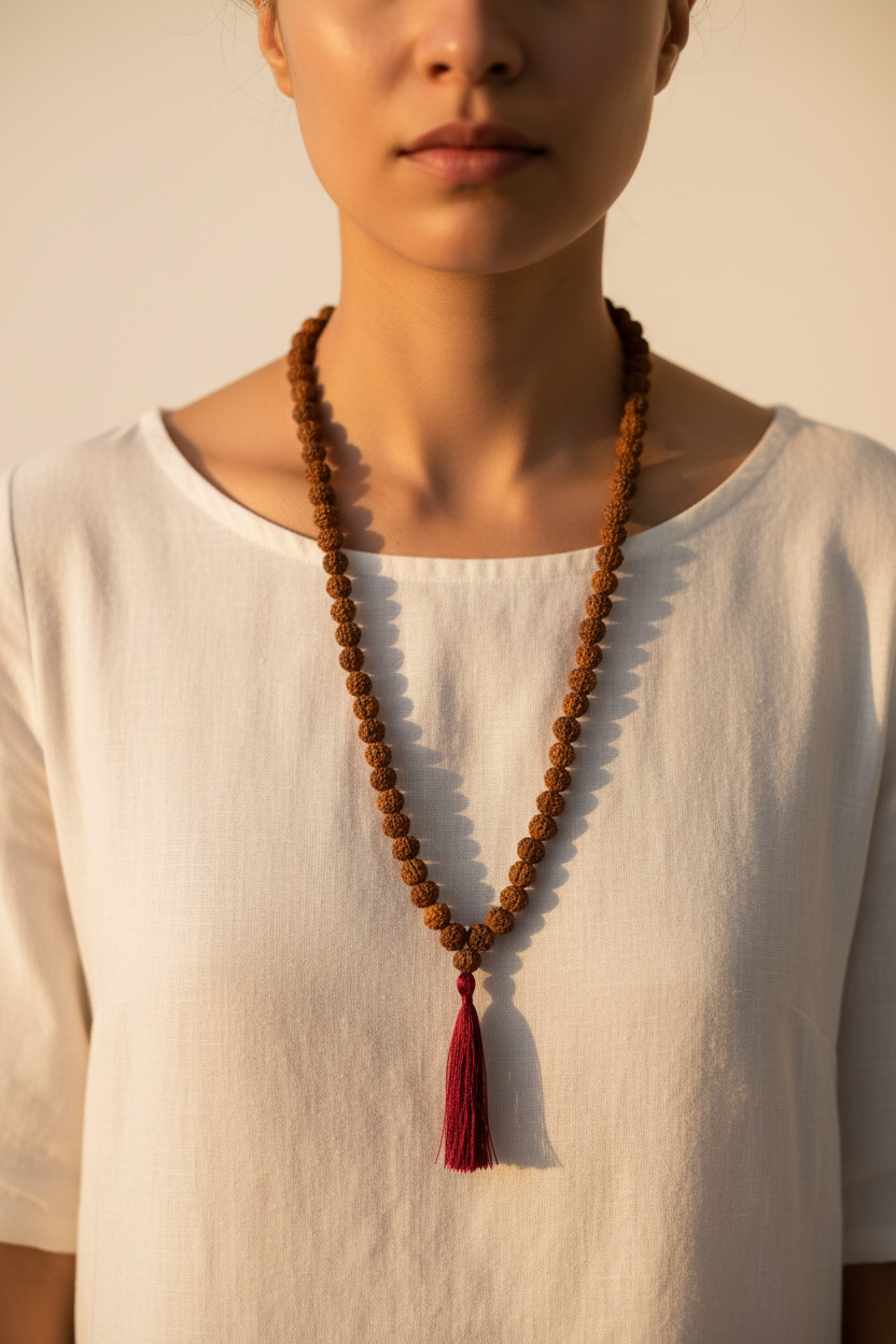 Japamala rudraksha indossato al collo stile lifestyle