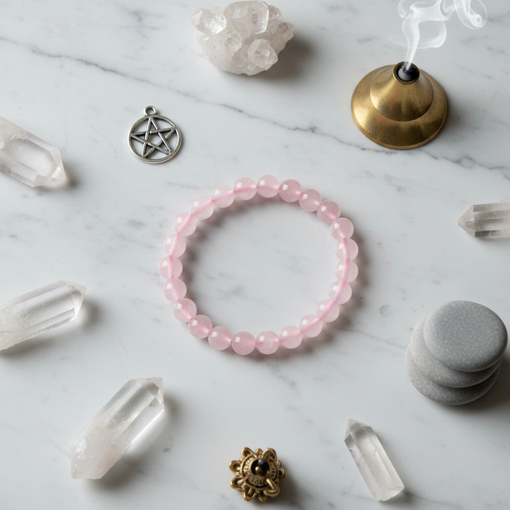 Bracciale Quarzo Rosa 8mm - flat lay con cristalli