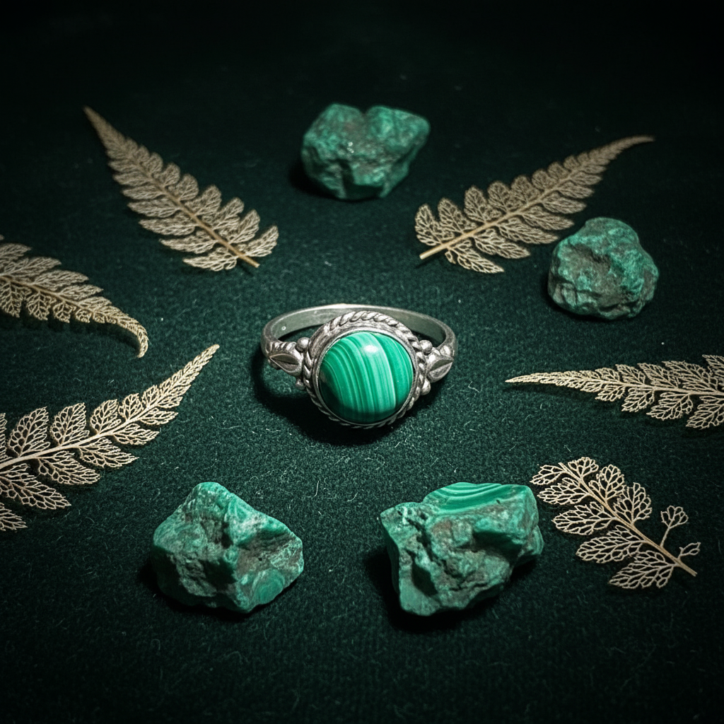 Anello Vintage in Argento con Malachite Naturale - flat lay velluto verde
