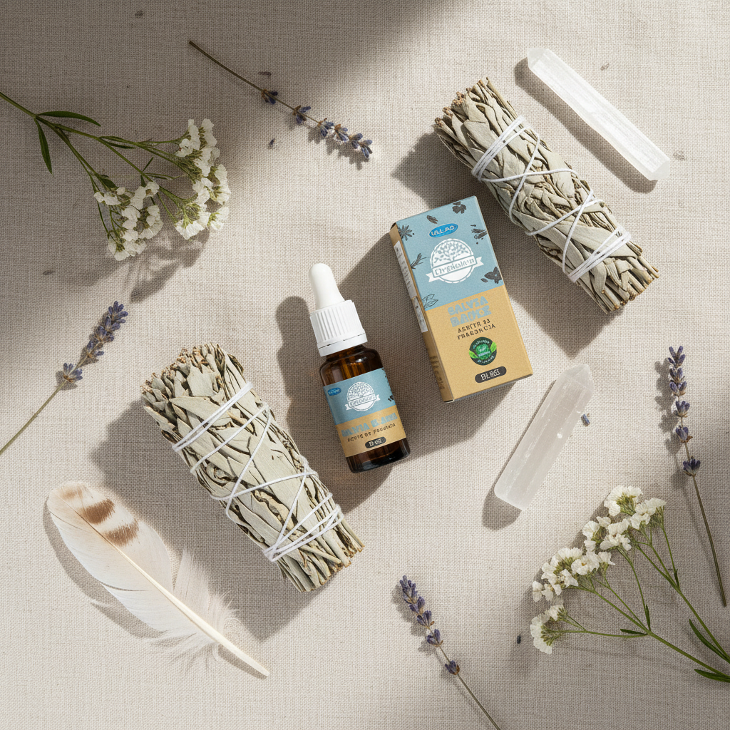 Olio salvia bianca Ullas - composizione spirituale su lino con selenite e piume