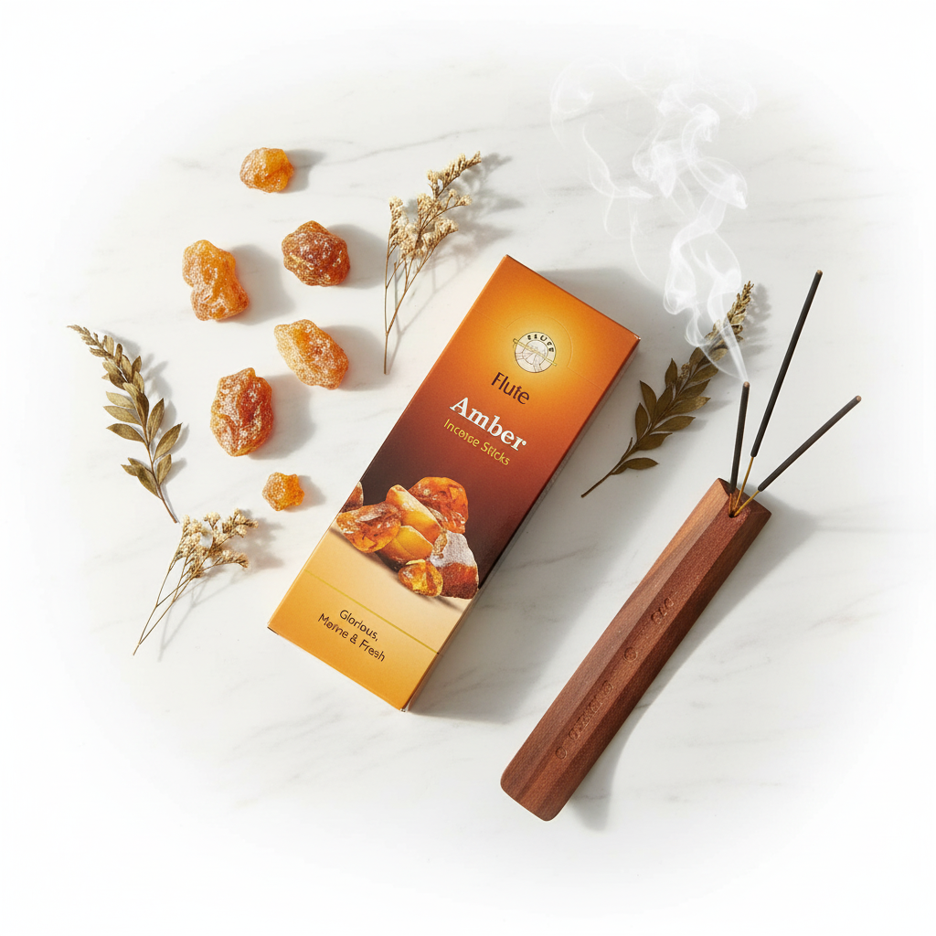Flute Amber incensi in stick - composizione rituale con ambra e fiori