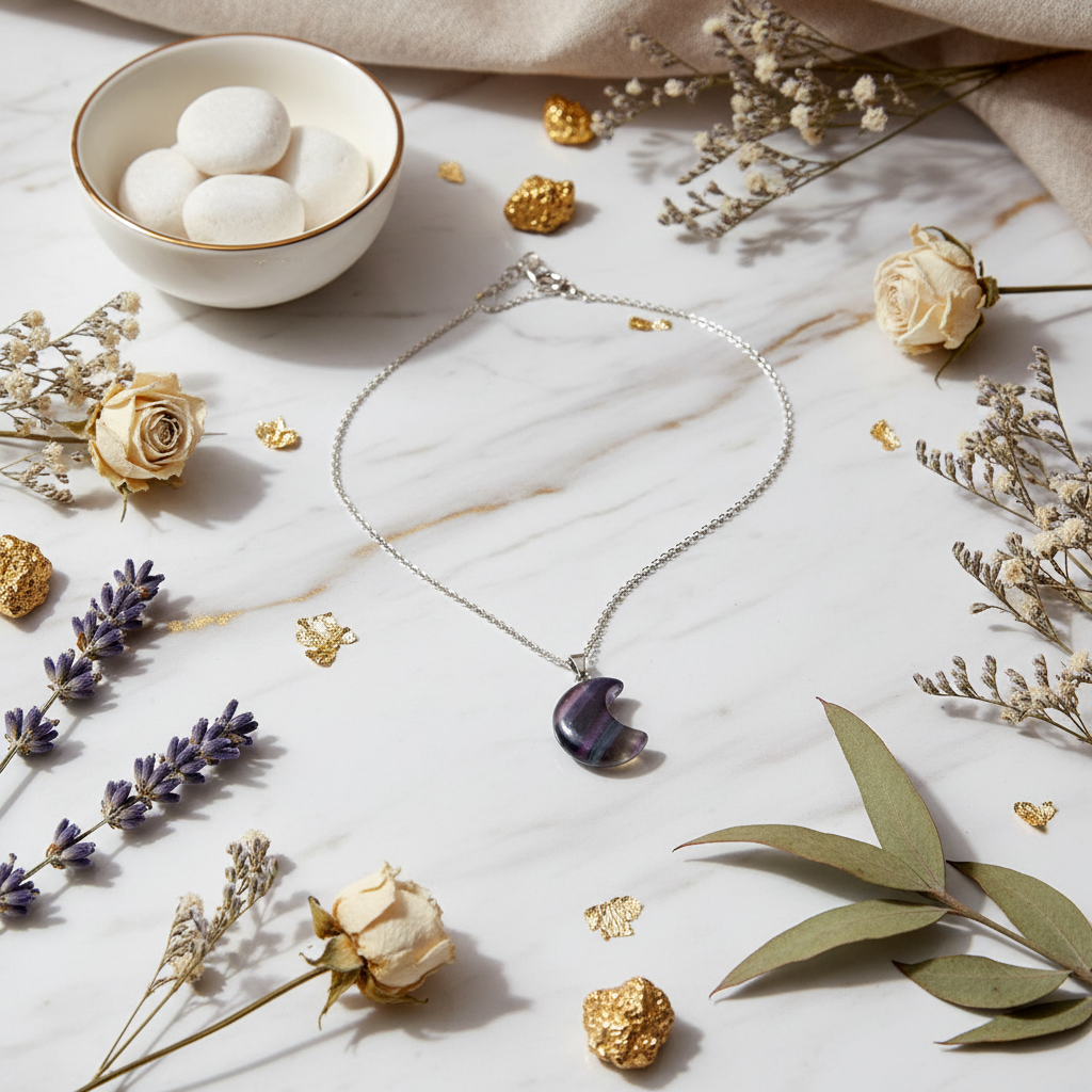 Collana Luna Fluorite Rainbow - sfondo marmo luxury