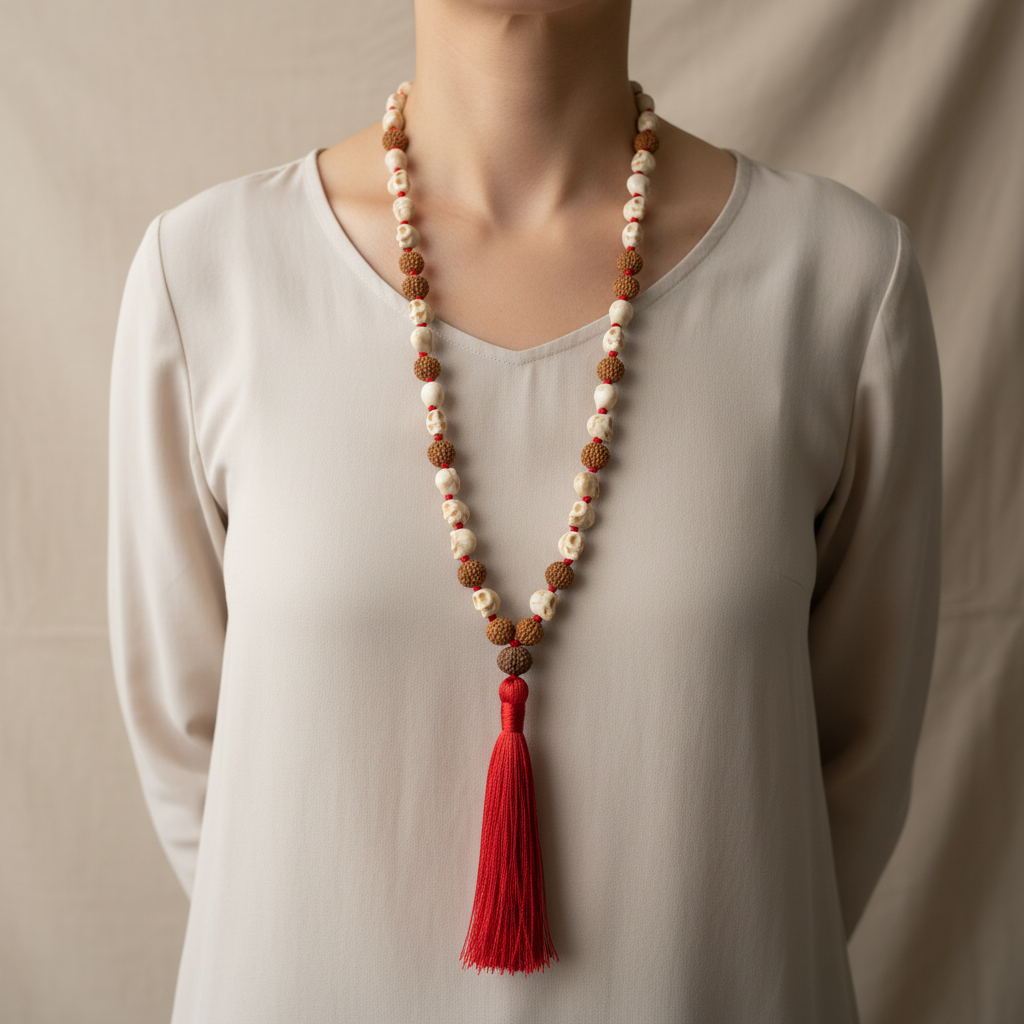 Japamala teschio howlite rudraksha - lifestyle indossato