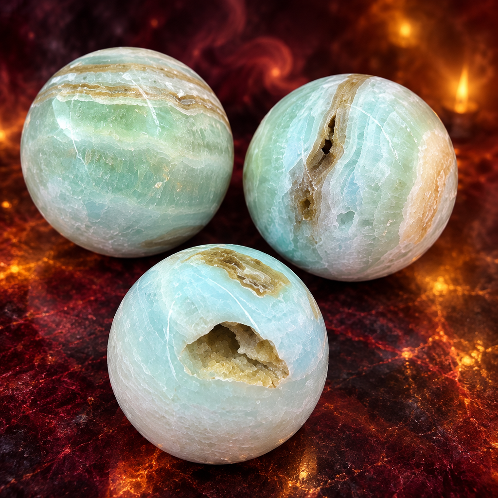Sfere in calcite caraibica su bordeaux