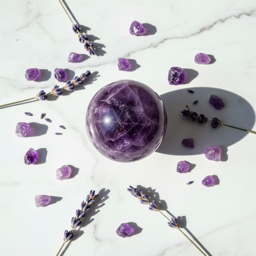 Sfera Ametista Naturale flat lay marmo con ametista grezza e lavanda