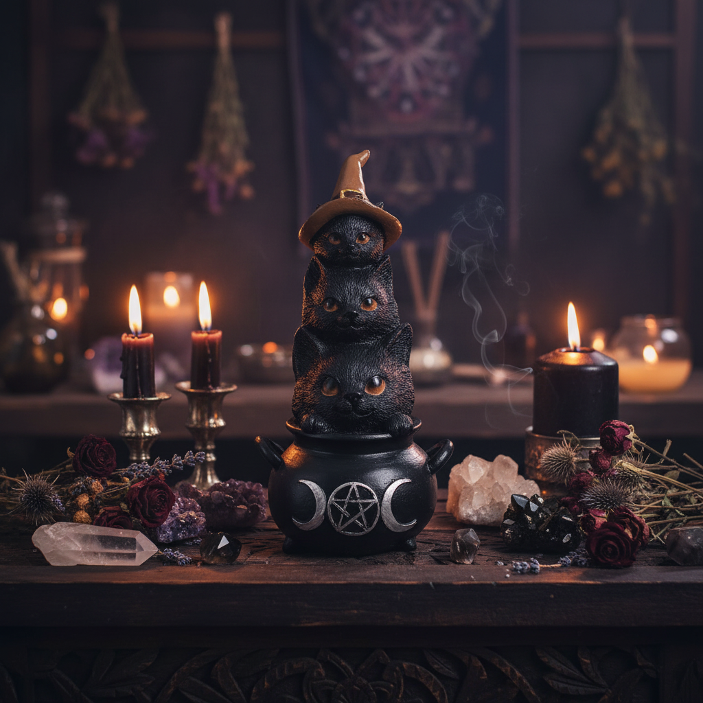Gatto Wicca resina su altare mistico con candele e cristalli