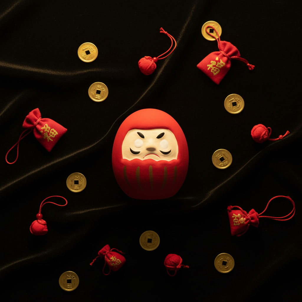 Daruma Rosso Giapponese - flat lay velluto nero