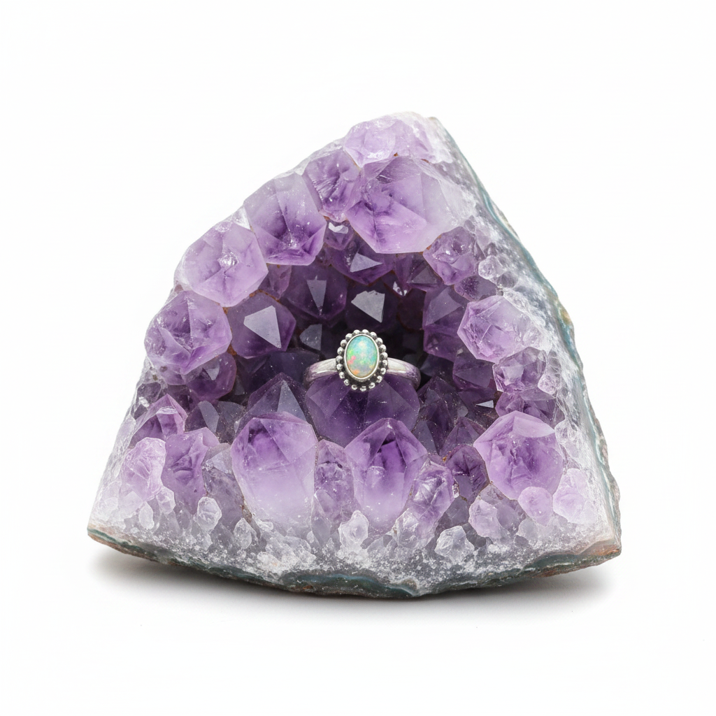 Anello Opale Arlecchino - Geode di ametista