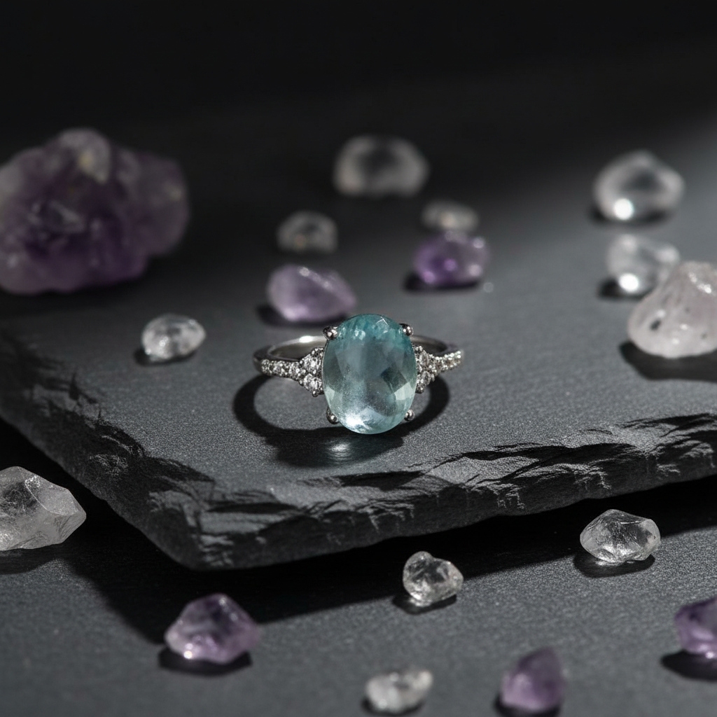 Anello acquamarina su ardesia scura con cristalli