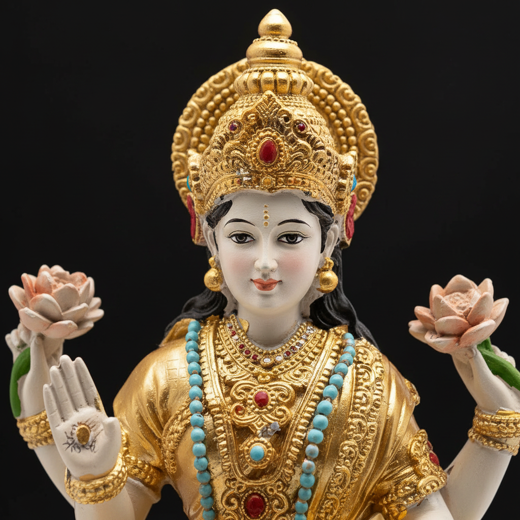 Macro dettaglio viso e gioielli statua Lakshmi