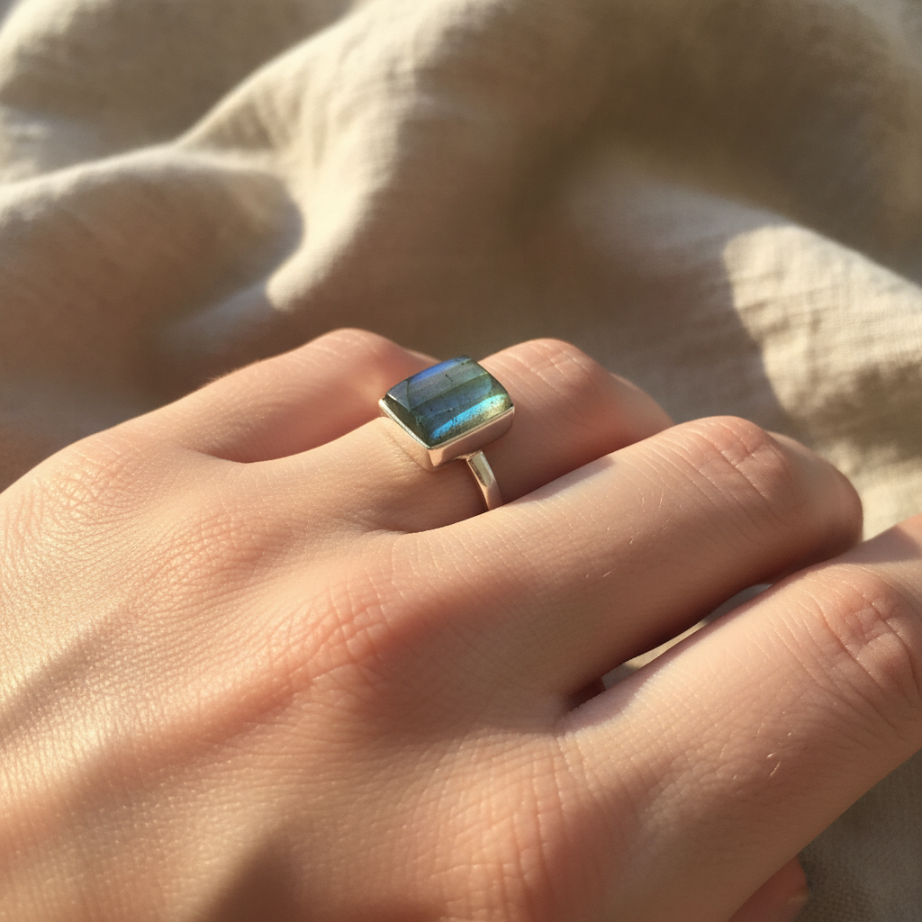 Anello labradorite verde argento lifestyle indossato