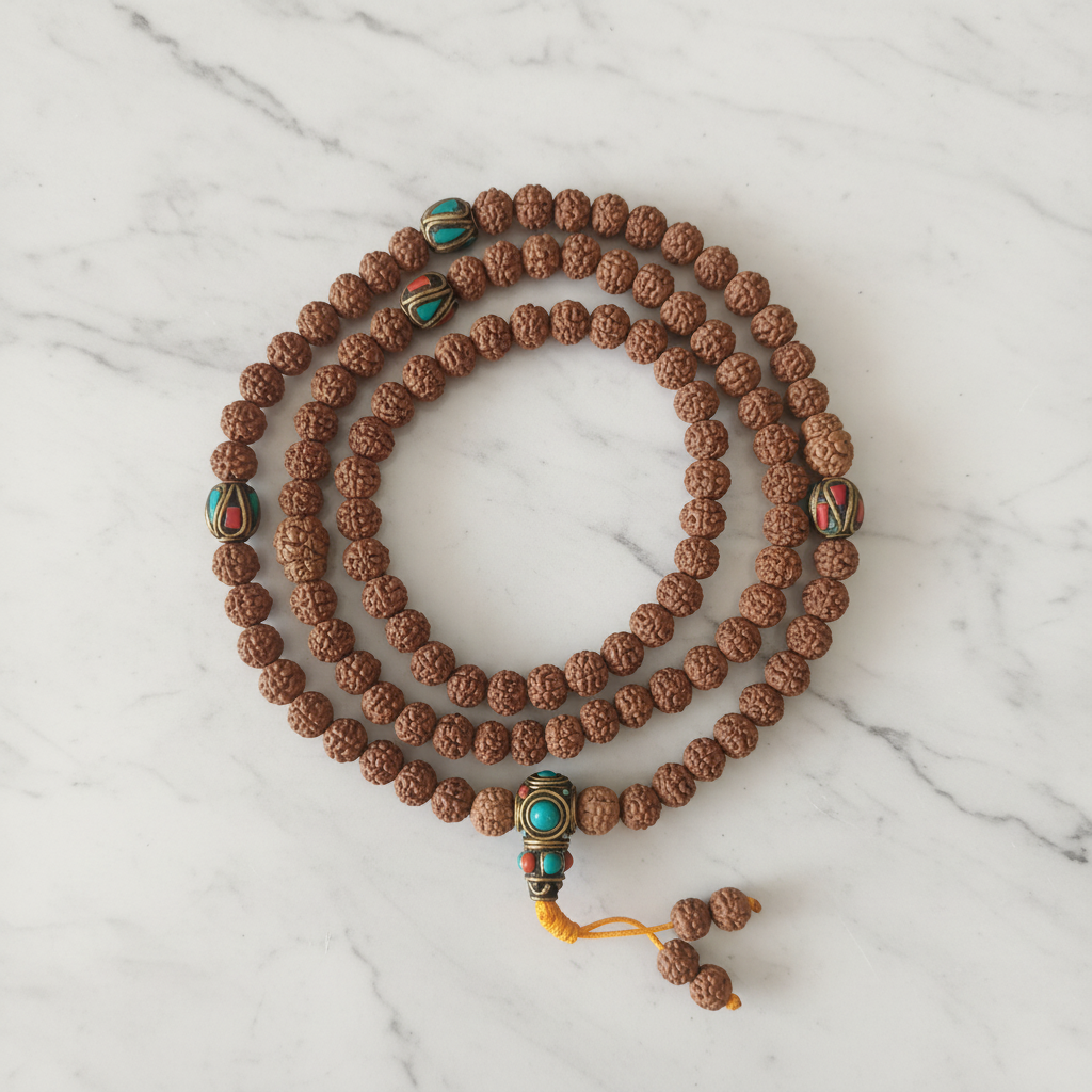 Japamala rudraksha separatori ottone tibetano - flatlay su marmo