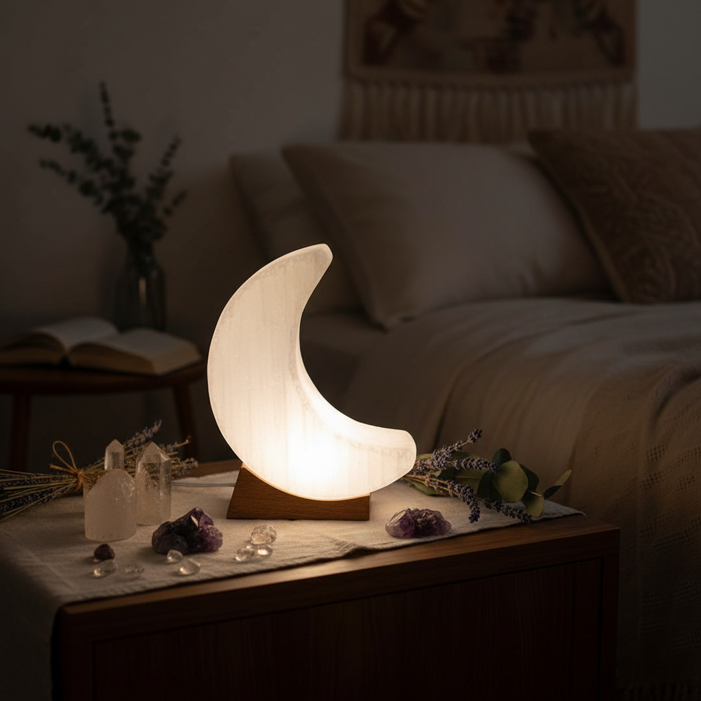 Lampada luna selenite sul comodino notturno