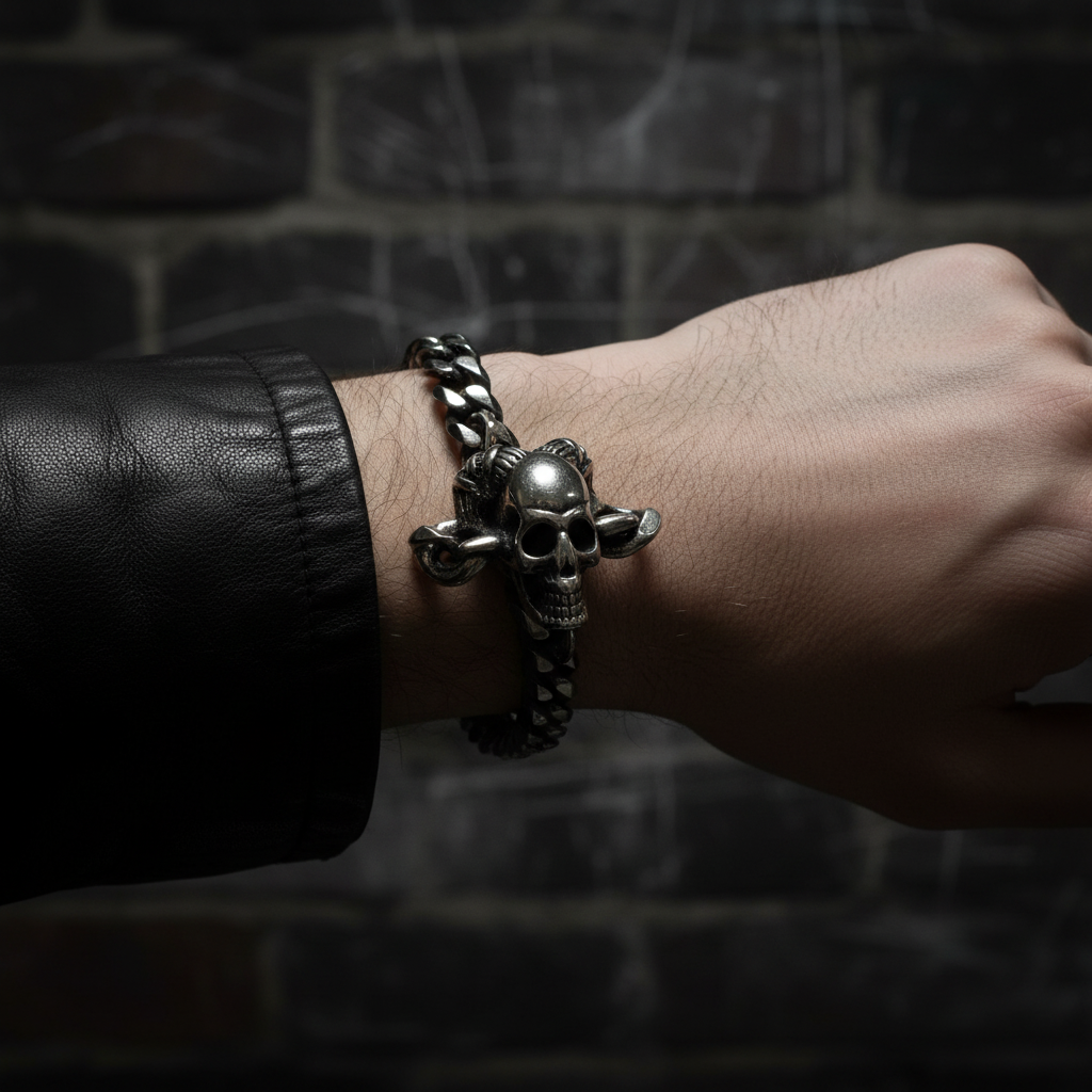 Bracciale Teschio Corna indossato polso maschile