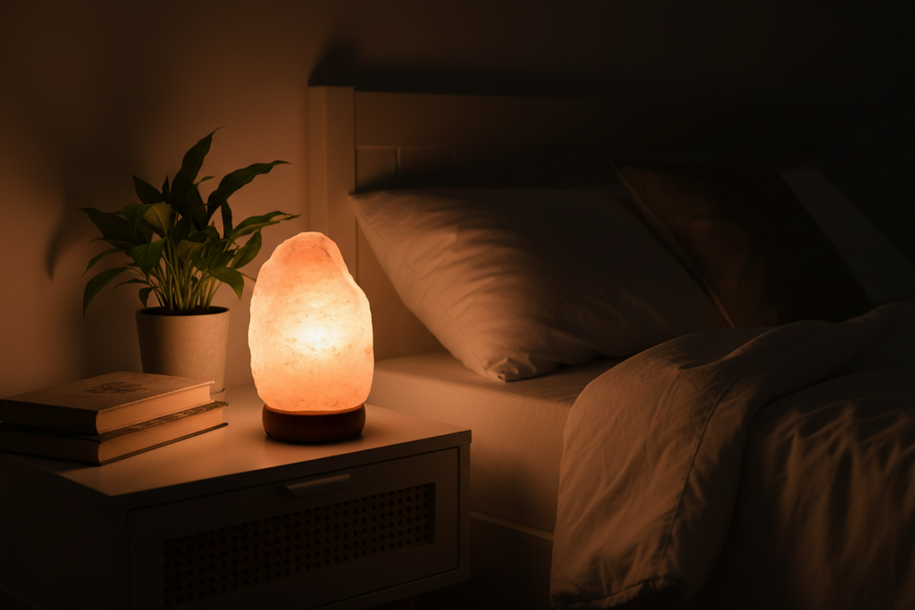 Lampada di sale Himalaya sul comodino notturno