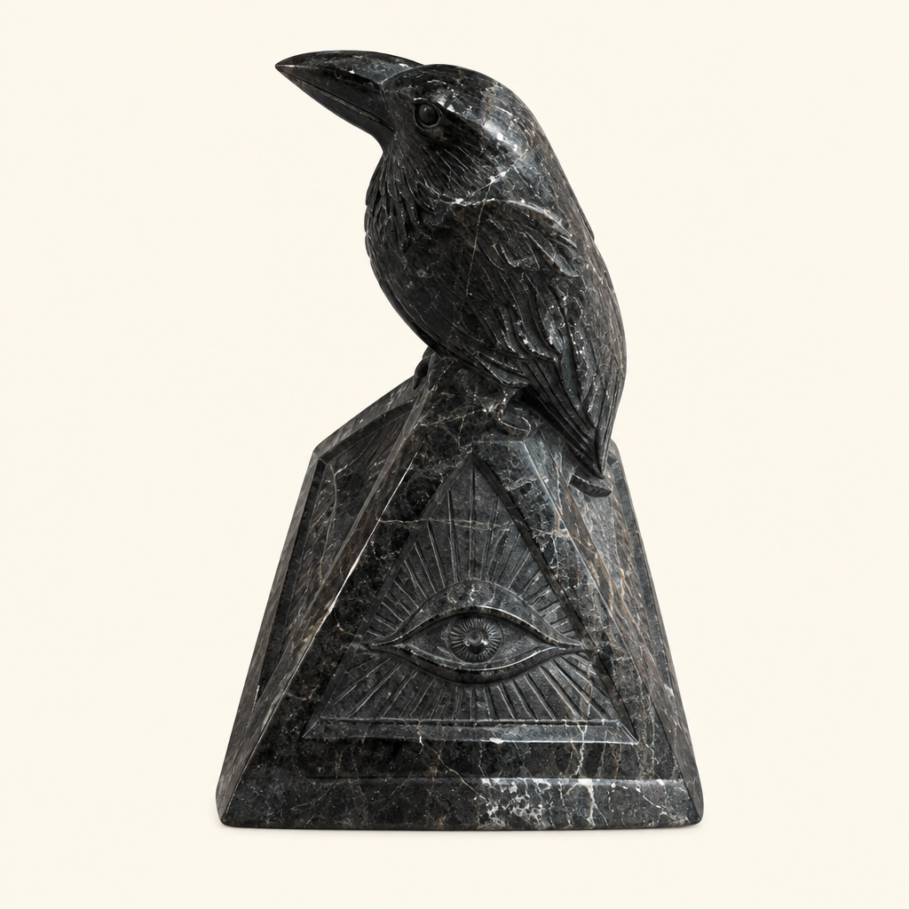 Corvo su piramide in ossidiana silver su avorio