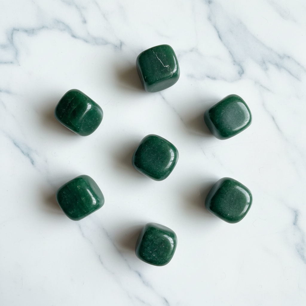 Giada verde tumbled flatlay su marmo