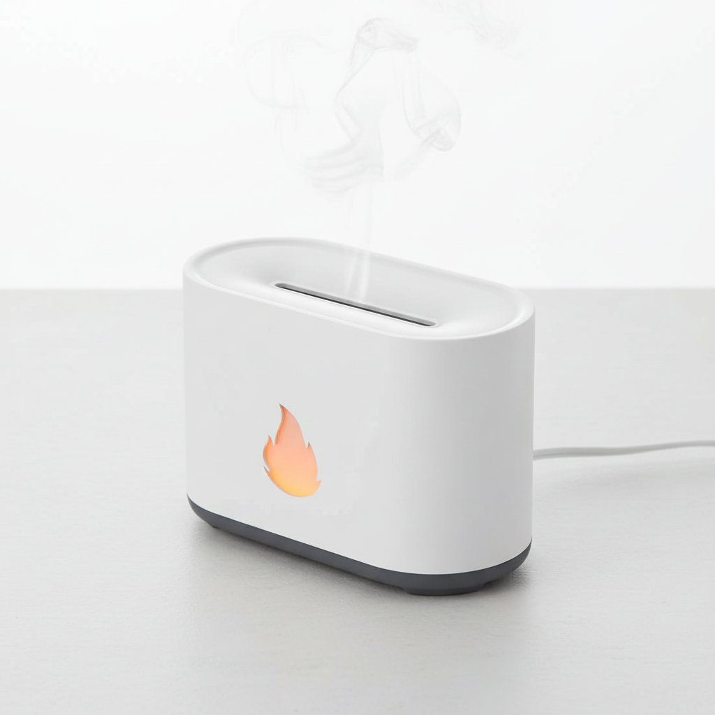 Diffusore aromi elettrico bianco fiamma LED - shot editoriale
