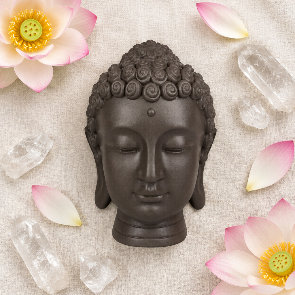Testa di Buddha su lino con fiori di loto e cristalli