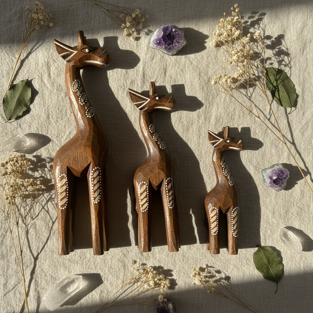 Giraffa intagliata Indonesia - flatlay lino con botaniche