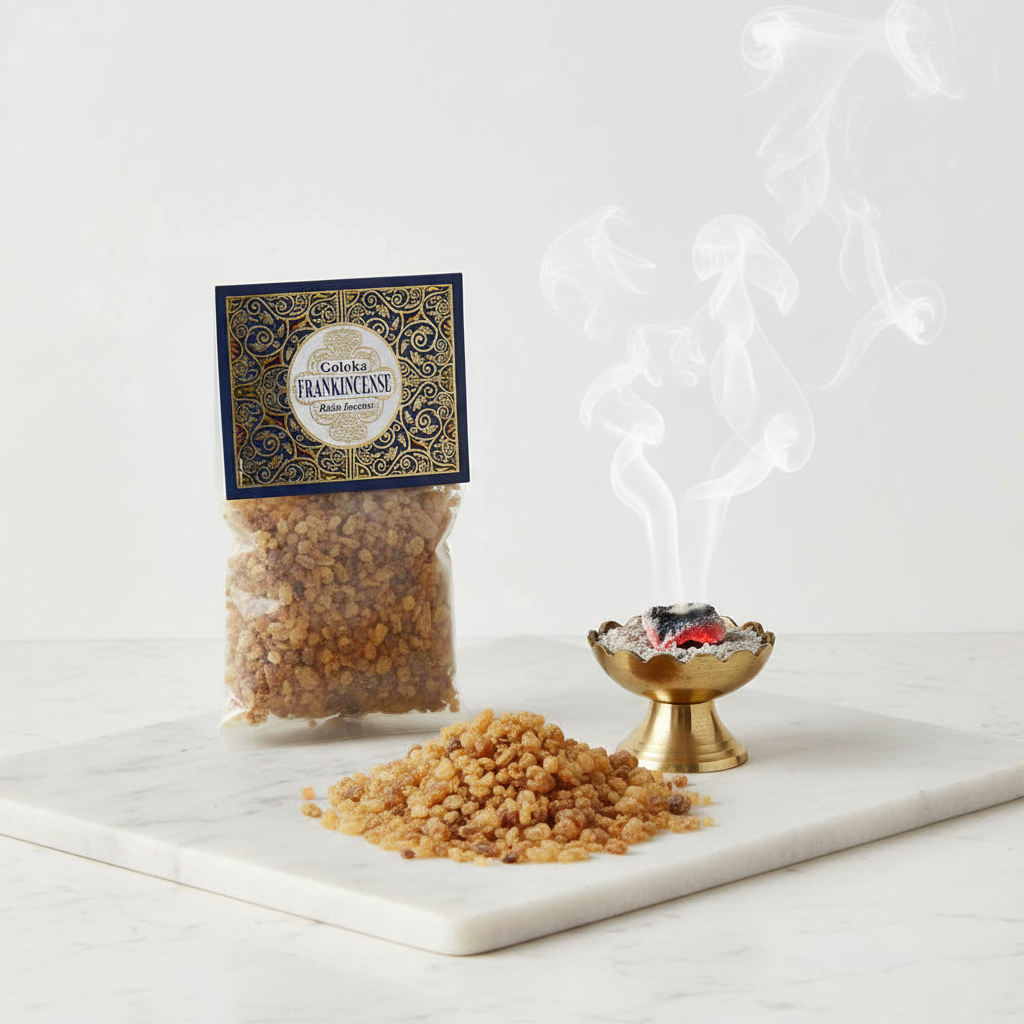 Resina frankincense Goloka - con bruciatore acceso e fumo bianco