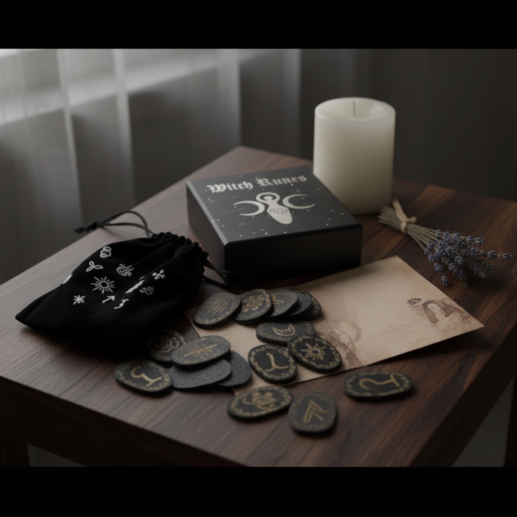 Set completo Witch Runes su altare con candela bianca e lavanda