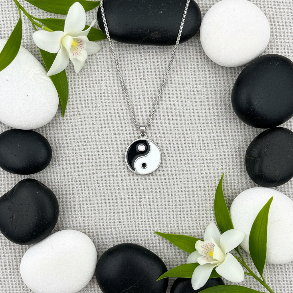 Collana Yin Yang composizione zen con pietre e fiori