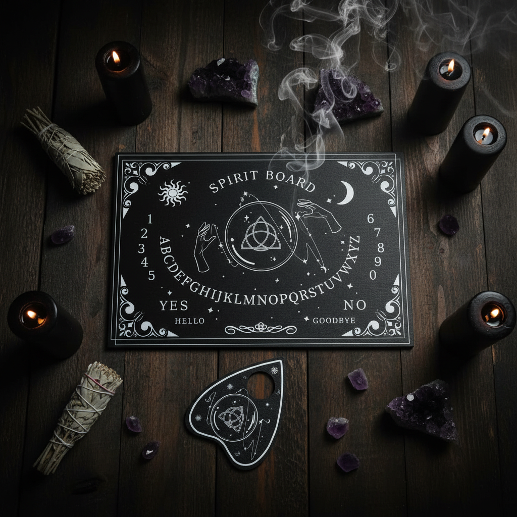 Spirit Board Triquetra - altare gotico con candele e salvia