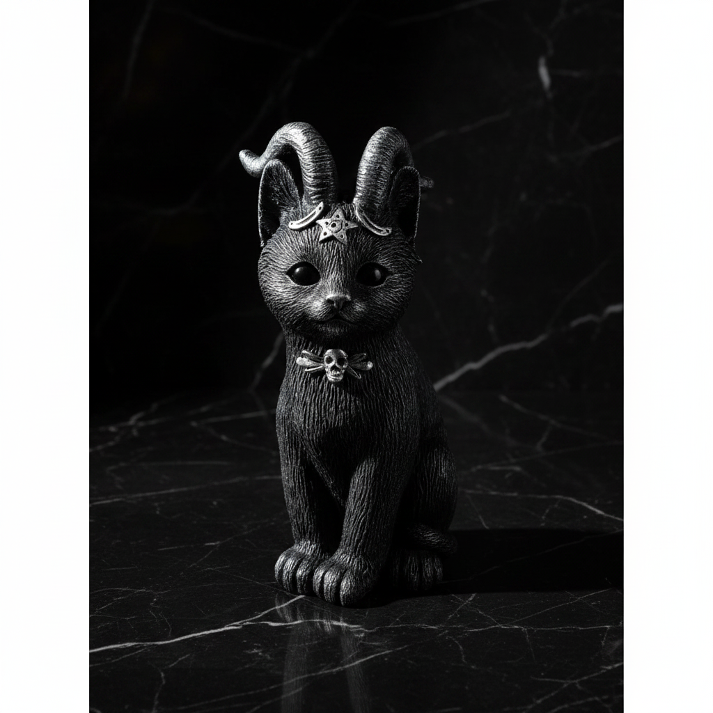Statuina gatto Baphomet con corna - flatlay marmo nero
