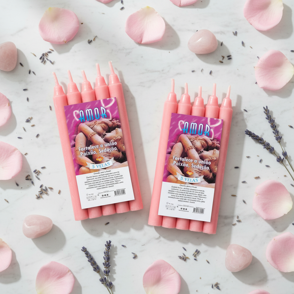 Candele rituali amore su marmo bianco con petali rosa e lavanda