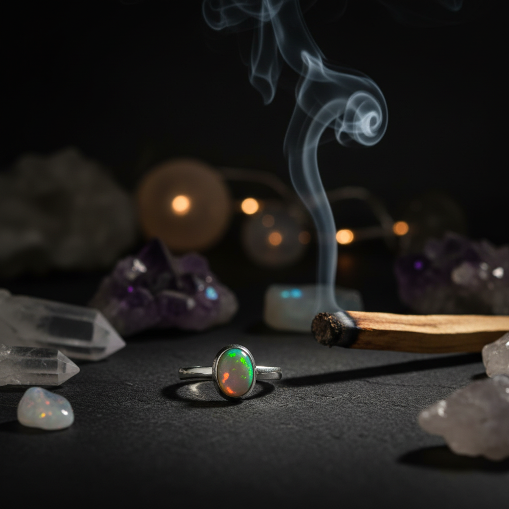 Anello Opale Arlecchino - Palo santo e cristalli