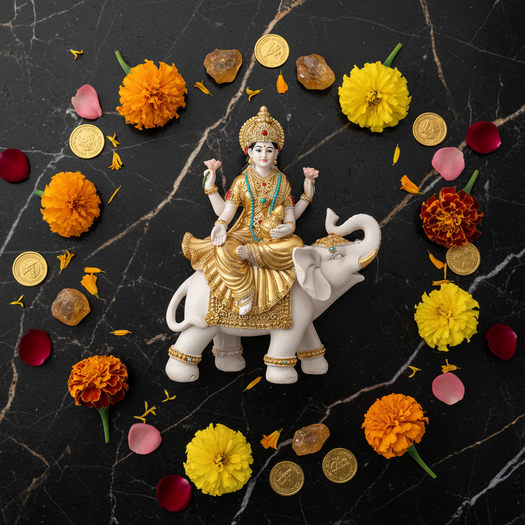 Statua Lakshmi elefante su marmo con monete e calendula