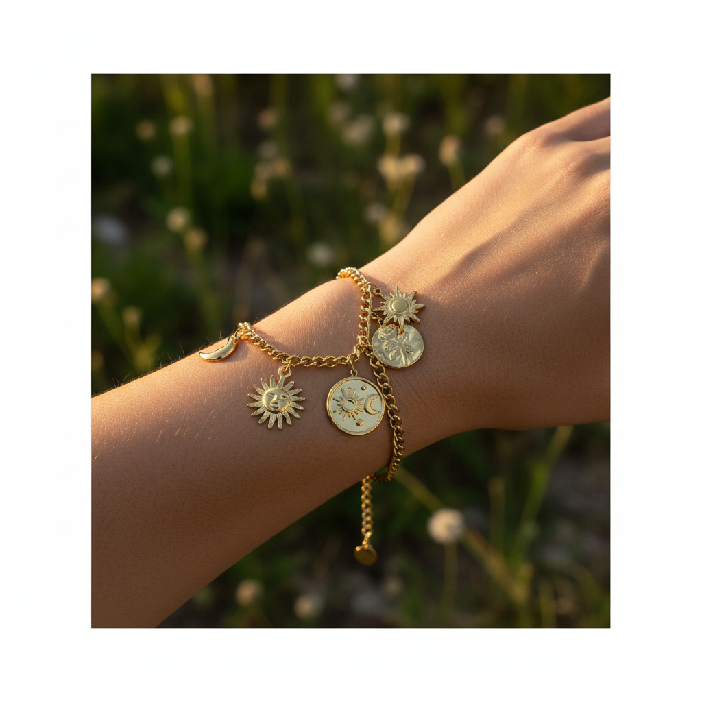 Bracciale Sole e Luna indossato - luce dorata