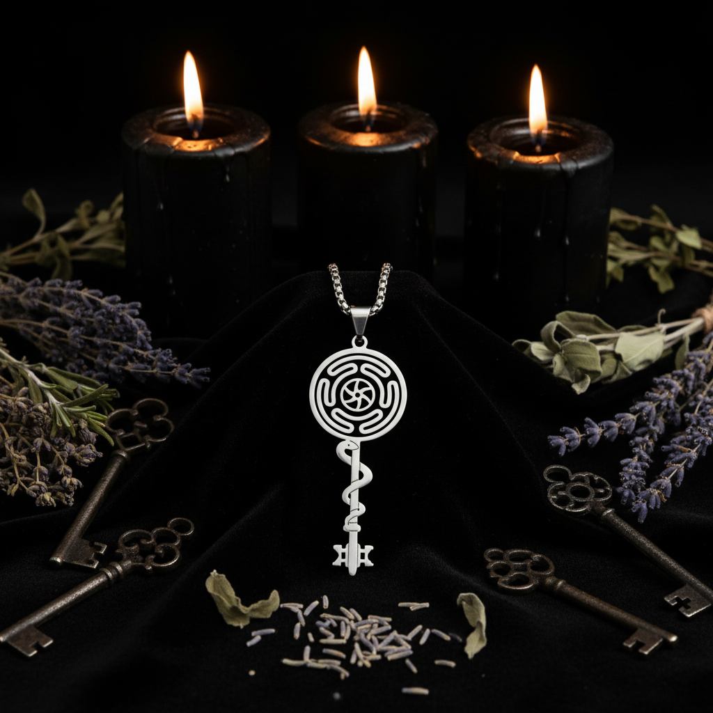 Collana Chiave di Ecate - velluto nero con candele e chiavi