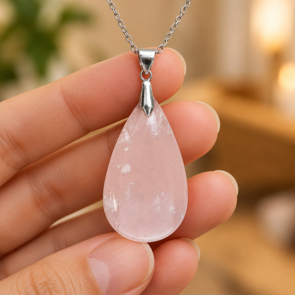 Ciondolo in quarzo rosa con collana da 45 cm tenuto in mano